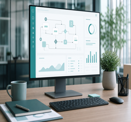 Monitor con panel de automatización de procesos operativos empresariales