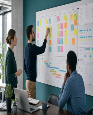 Tablero kanban de planificación operativa en oficina empresarial